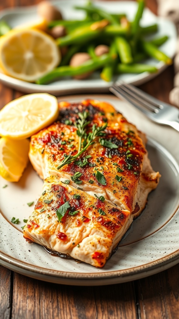 Crispy Air Fryer Salmon Fillet with Skin Crispy air fryer salmon fillet with skin, garnished with herbs and lemon, on a rustic table.